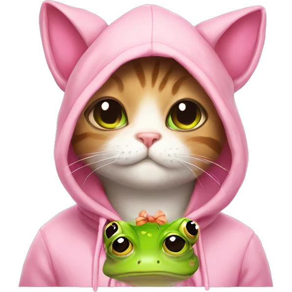 Cat with a pink bow wearing a cute frog hoodie emoji