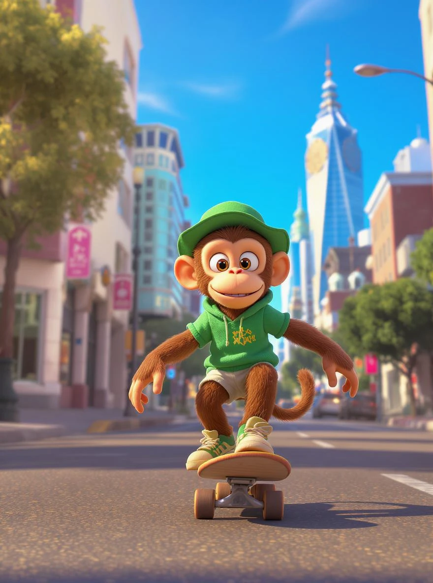 Disney style Cinematic still scane, Low angle shot, monkey dress in green outfit, monkey ride on skateboard, san francisno downtown with city lanscape, blue clean sky, captured by ARRI Alexa XT, soft cinematic lightning, back light, inspired by ToyStory 4 emoji