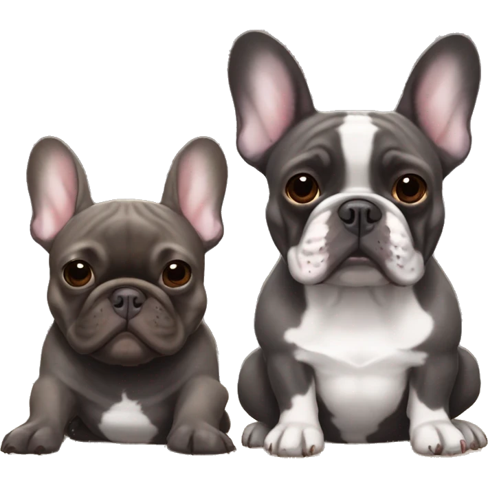 dark gray french bulldog happy alongside a dark brown brindle French bulldog, best friends emoji