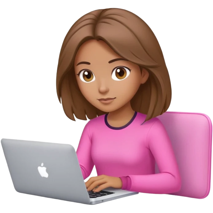 Beautiful programmer girl with brown blowout hair and pink clothes working with MacBook emoji