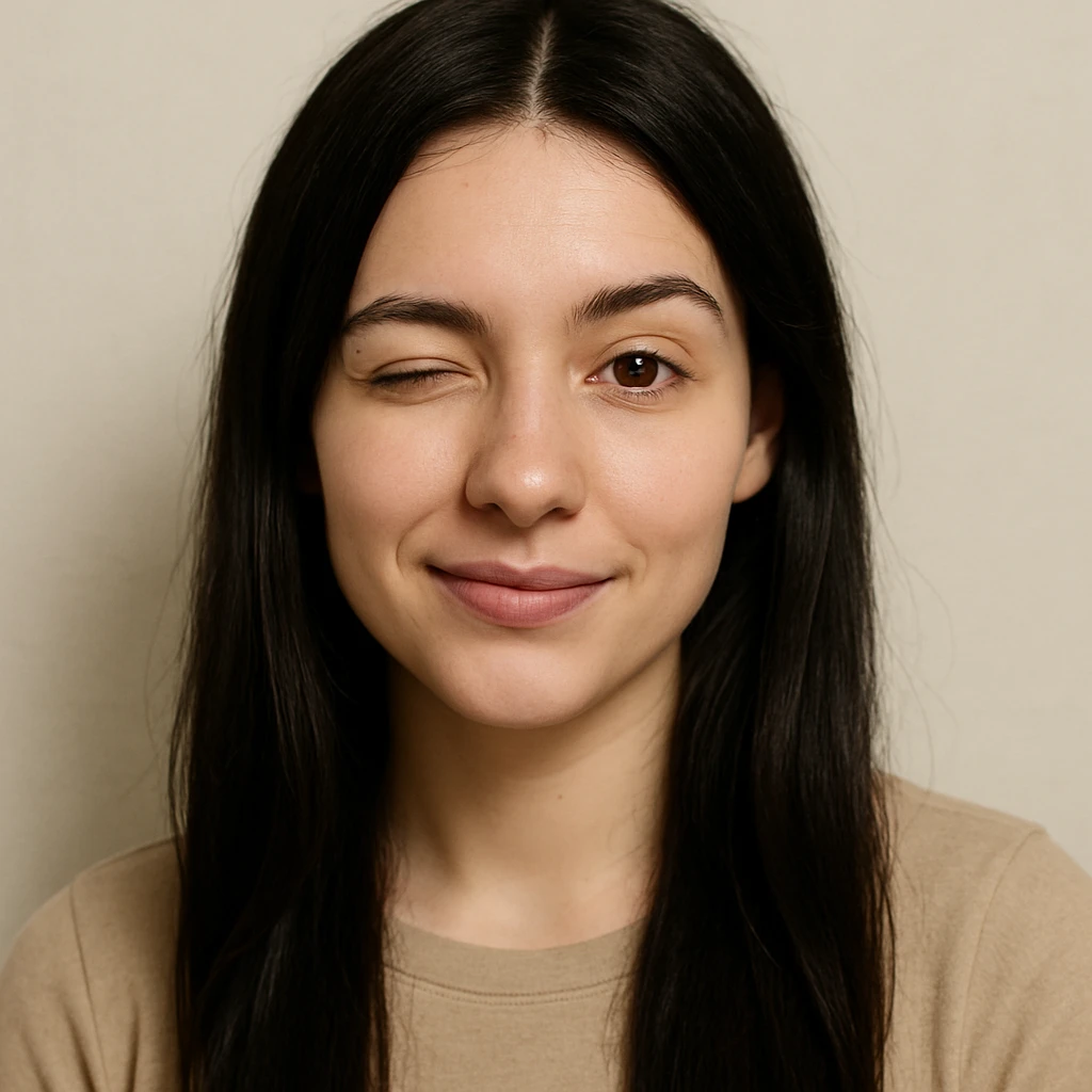 white girl with black long hair and brown eyes, winking, simple background emoji