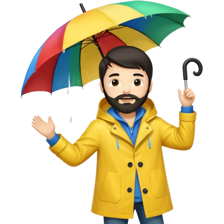 A dark-haired boy with a white beard dancing with an umbrella in the rain emoji