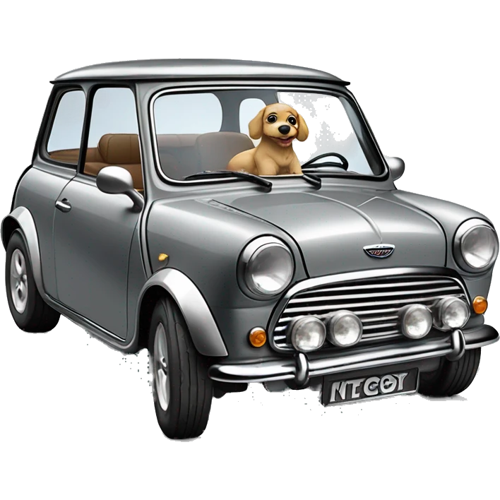 Gray retro mini cooper 1600 cs and little fluffy dog ​​Bela at the wheel emoji