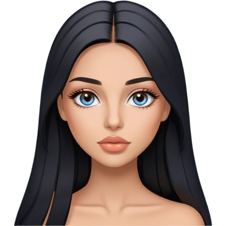 Glamours, tanned, very beautiful girl, with big pump peach-beige-rose lips, long long lashes, black straight smooth silky long hair, straight parting hair, blue-grey eyes emoji