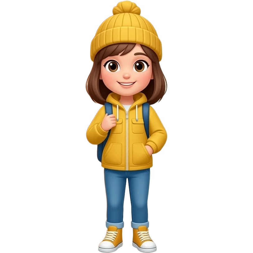 a girl in the house near the door, she wears outdoor clothes emoji