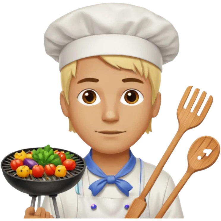 man with tied blond hair and and a white apron grilling vegetables on a sizzling grill emoji