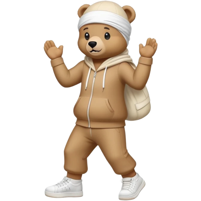 Full-length cartoon bear with white durag, standing on two legs, wearing trendy high-top sneakers, emoji style emoji