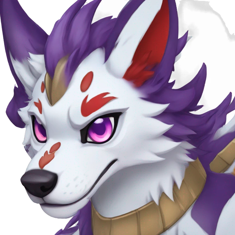 my fursona male stormkiller dragon wolf shankbat/foxtiger hybrid  with purple hair and red eyes and blue scales and hand wave  emoji