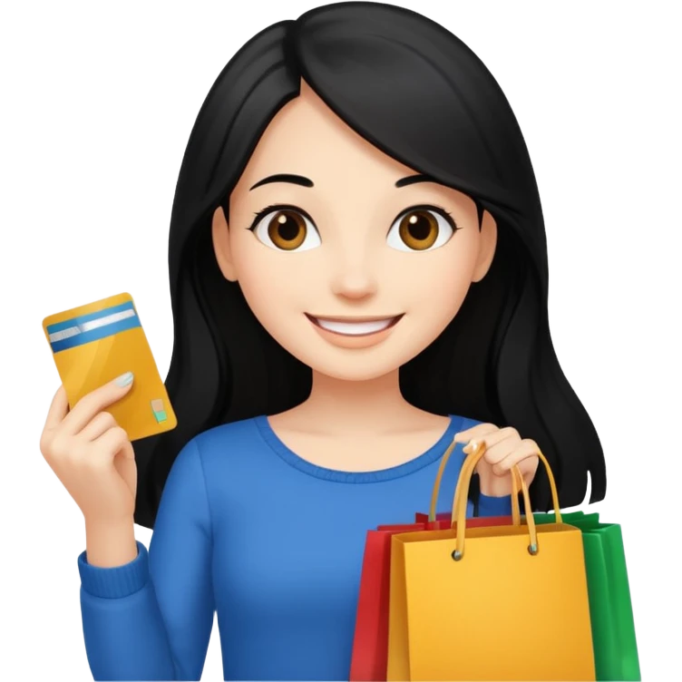 Girl with long black hair holding shopping bags and credit card emoji