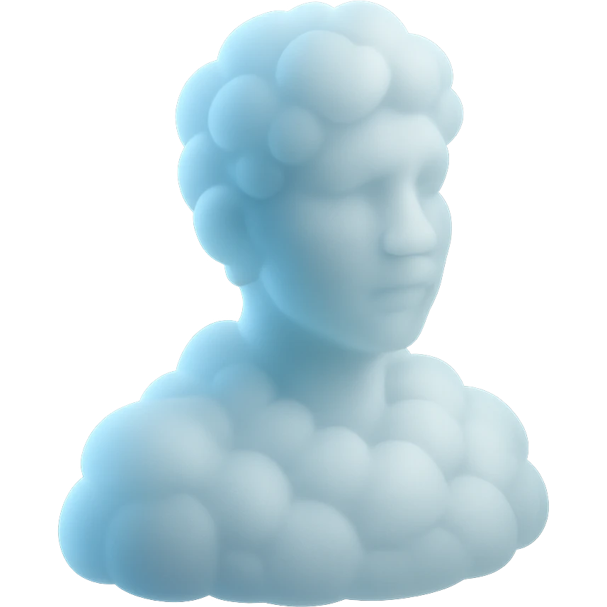 person looking straight, made entirely of white fluffy convex clouds, shoulder up, matte glass style, clouds more rounded, no background emoji