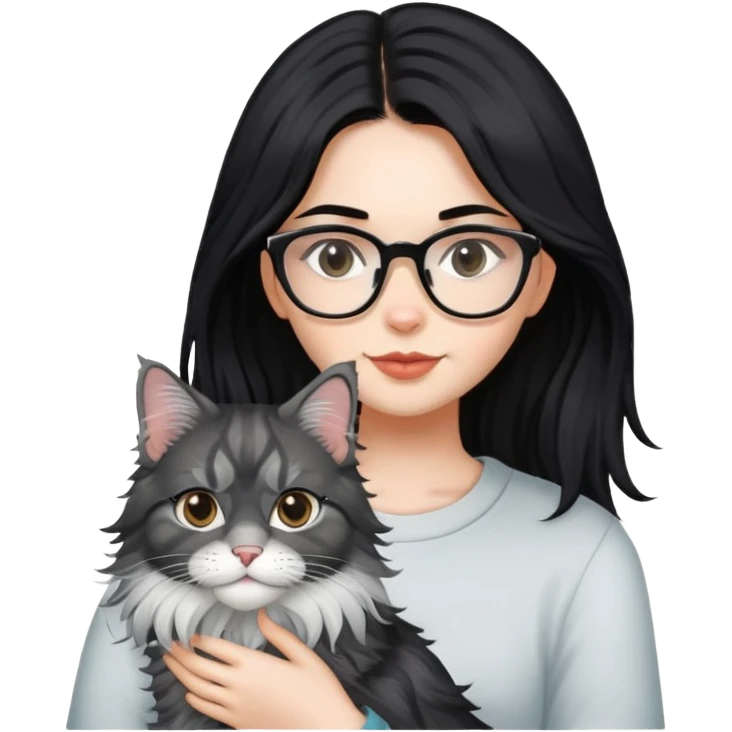 a silver based Maine Coon cat and a black hair glasses girl emoji