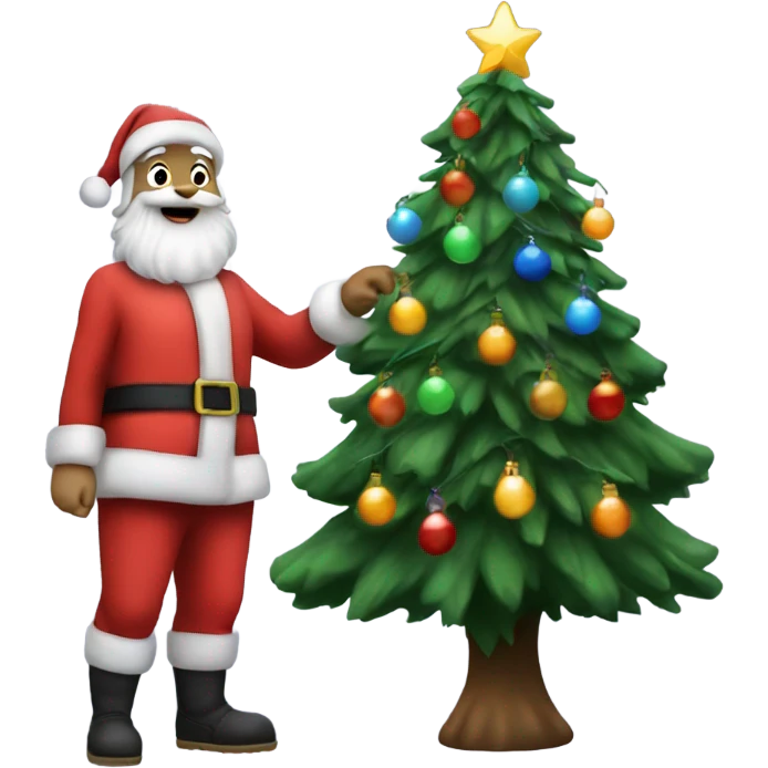 santa claus standing next to a christmas tree with christmas lights on it emoji