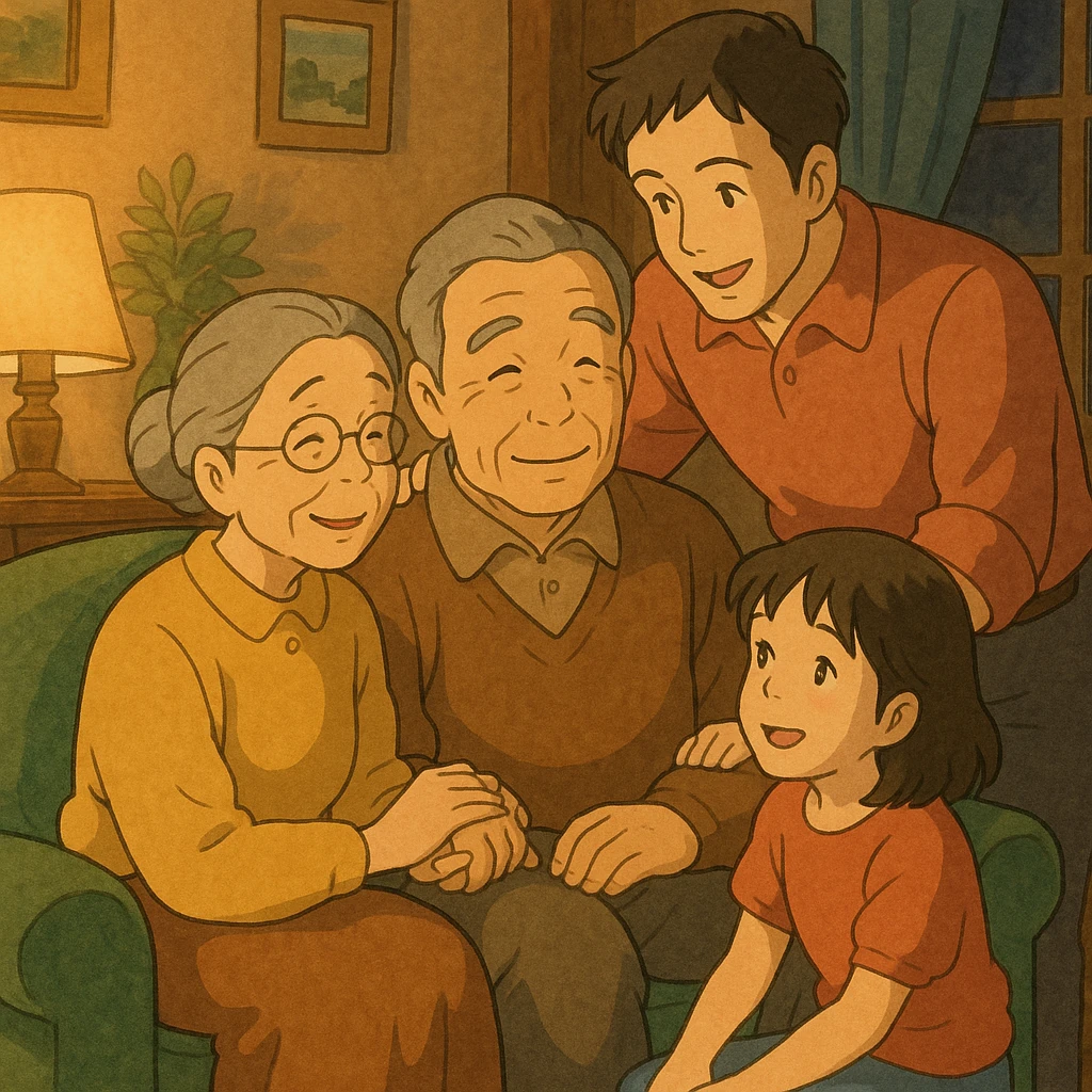 ghibli style scene of a family together, warm and caring atmosphere, filial piety emoji