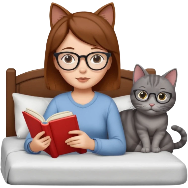 A girl is lying in bed. She has short chestnut hair styled neatly, is wearing glasses, and is reading a book. A grey cat is lying on her legs. The girl has no headband or ears, and the cat is not wearing glasses. emoji