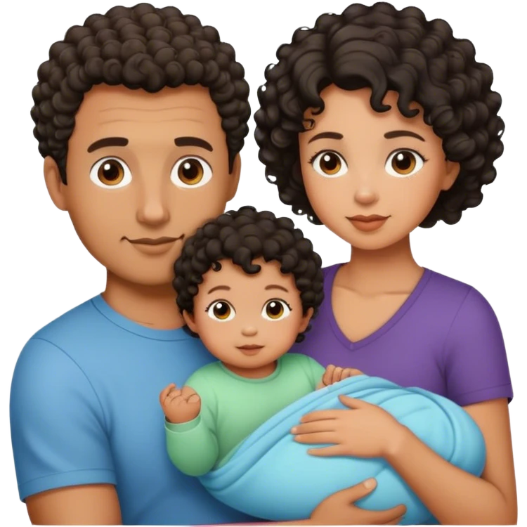 Tan skin Dad with short curly hair and mom with wavy black hair with a baby with short curly hair emoji