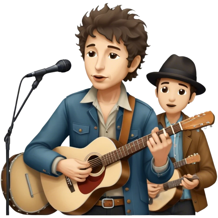 Icon for Folk Music: Bob Dylan with his harmonica and acoustic guitar, performing with his band on stage. The atmosphere should be intimate and nostalgic, capturing the soul of folk music with simple instruments and natural vibes. Transparent background. emoji