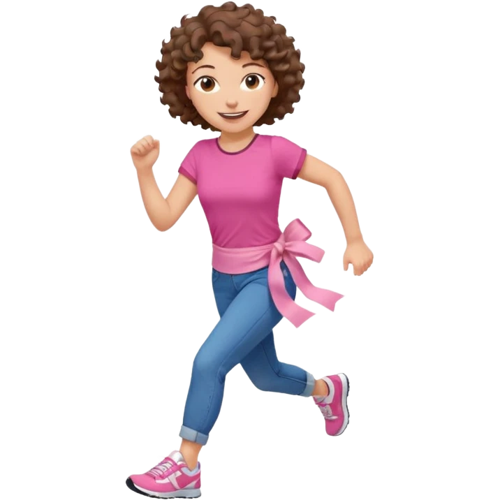 woman running, short curly brown hair, pink t-shirt, blue jeans, pink sneakers, dark pink sash across torso, smiling expression, dynamic pose emoji