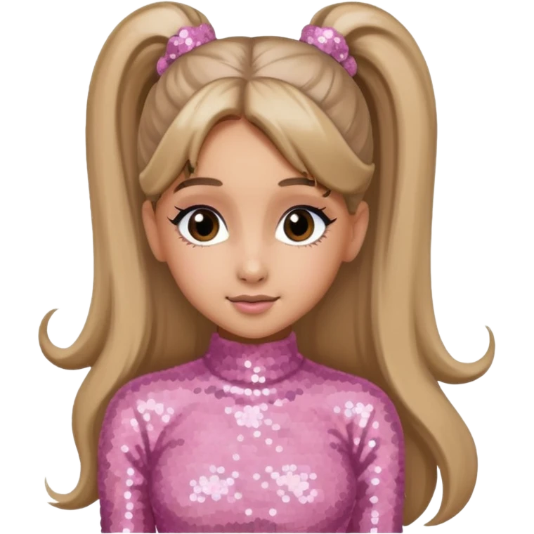 Ariana Grande with long dark blonde ponytail hair, light pink sequin outfit emoji