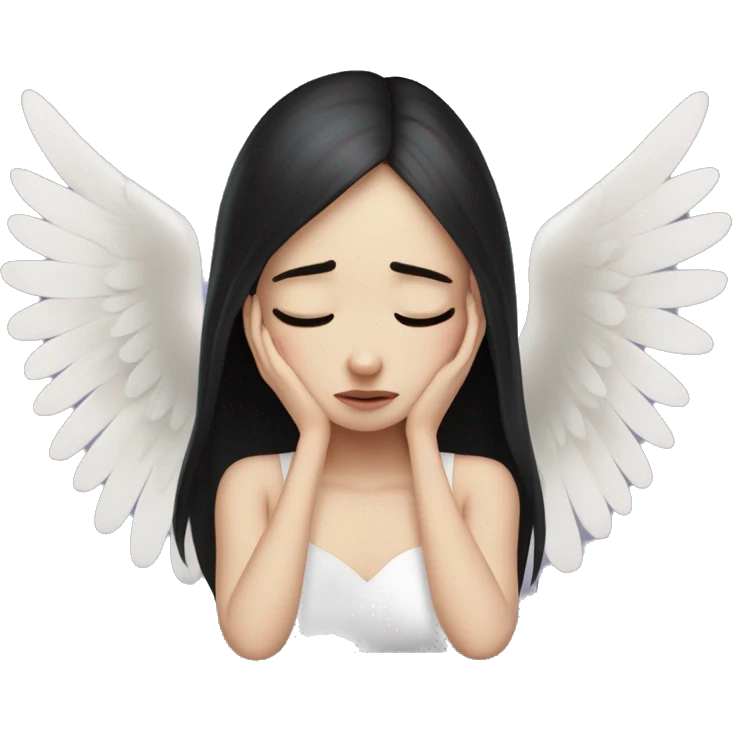 Crying woman tearing eyes pale skin black hair on the floor magical woman with angel wings  emoji