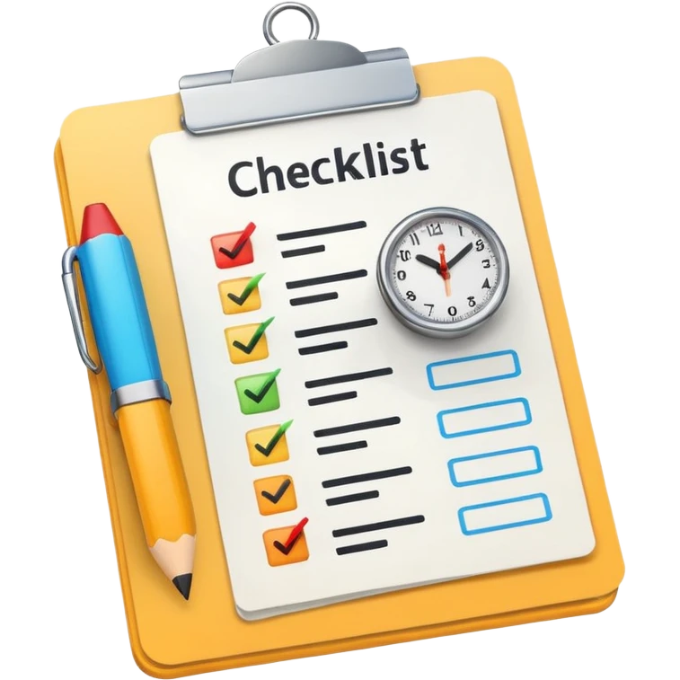 minimal emoji-style icon showing a document with a checklist and a small clock overlay, representing 'What to Expect' for test prep, modern, clean, educational emoji