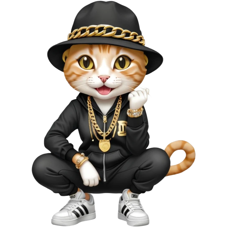 female cat wearing Run DMC hip-hop outfit with tracksuit, fedora, Adidas sneakers, many gold chains, rings, bracelets, flashy earrings, laughing and looking up, no sunglasses emoji