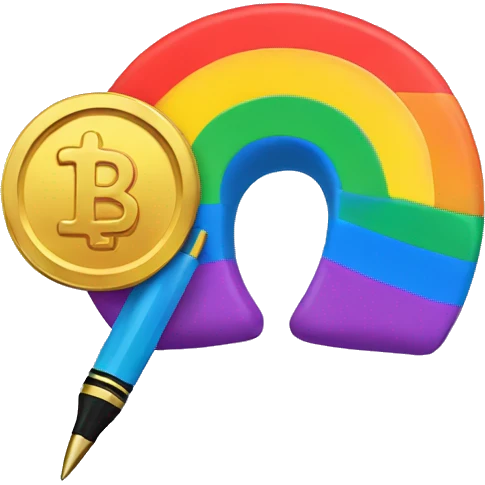 Rainbow coin with a pen emoji