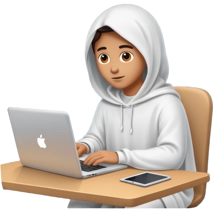 Create an emoji where an ungender person sits in front of the desk, designing ghost characters on laptop. Please refer to the attached image for ghost characters. emoji