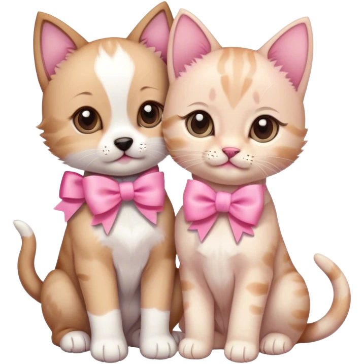 a puppy and a kitten together with pink bow emoji
