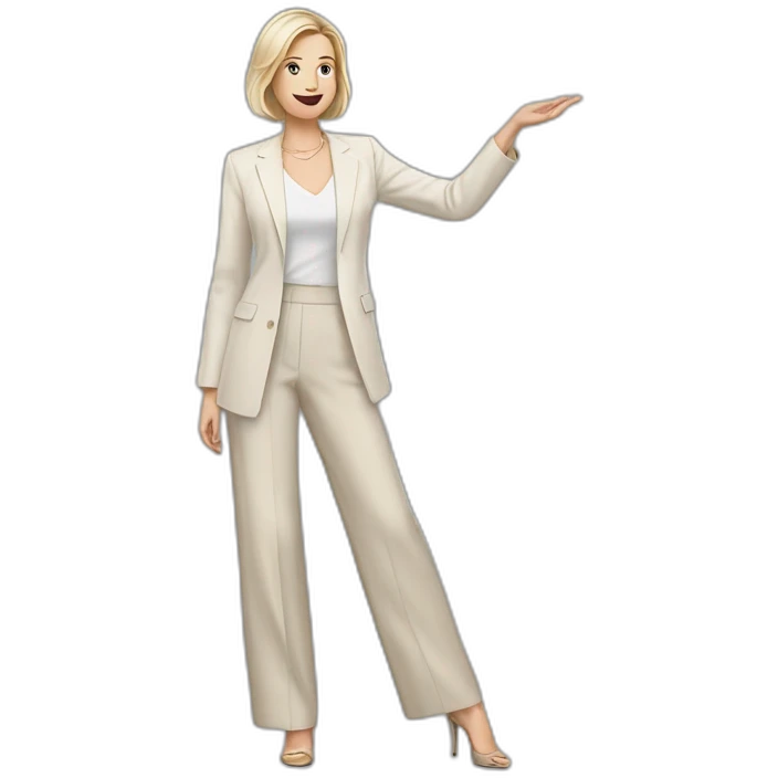Full height Actively gesturing with hands pale skin woman with ash blonde Straightened bob Hair, White Spacious classical jacket, beige palazzo Arrow pants and gray blouse emoji