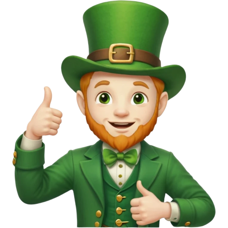 leprechaun looking up, and giving a thumbs up. on his left hand, he is holding his waist emoji