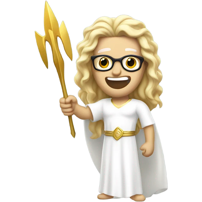 white Poseidon with gold Trident and glasses. long hair white dress. smile . eye wink. point us with index emoji