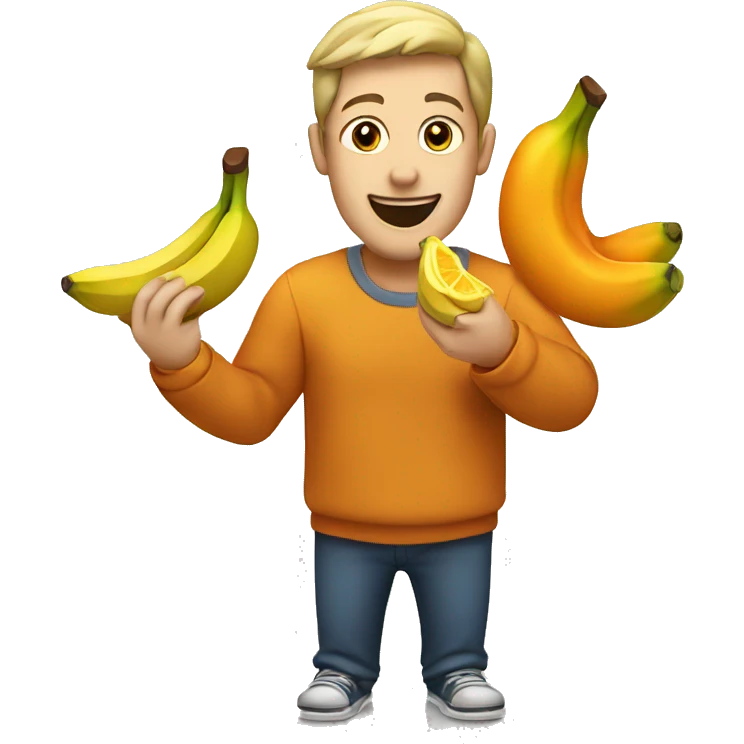 Man enjoying eating a banana with two oranges on it emoji