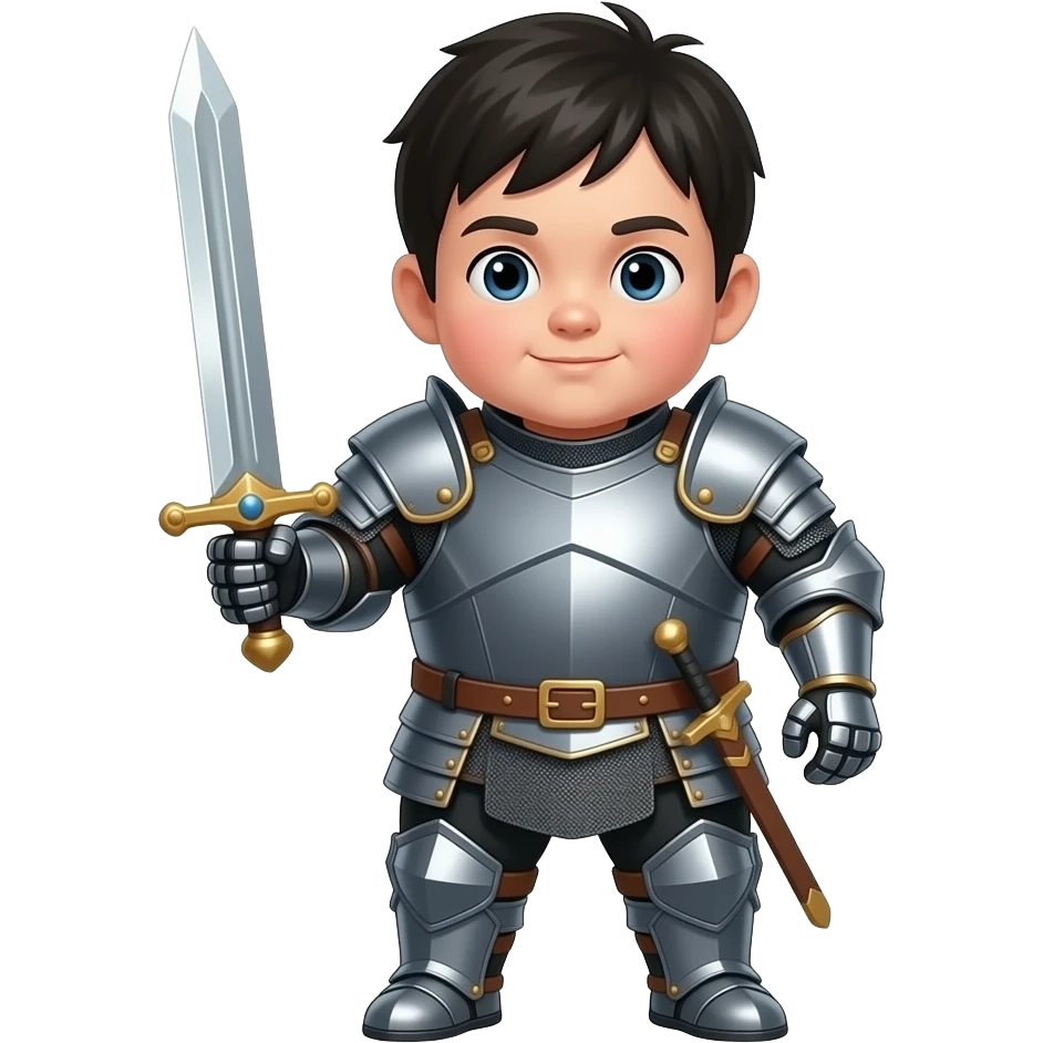 small white kid with black hair that is  VERY fat holding a sword in armor emoji