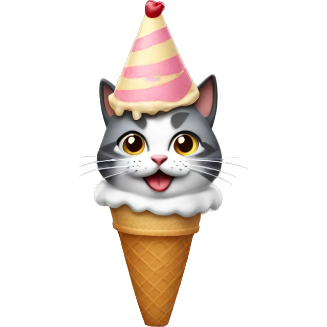 Cat wearing a birthday hat and licking an ice cream cone emoji