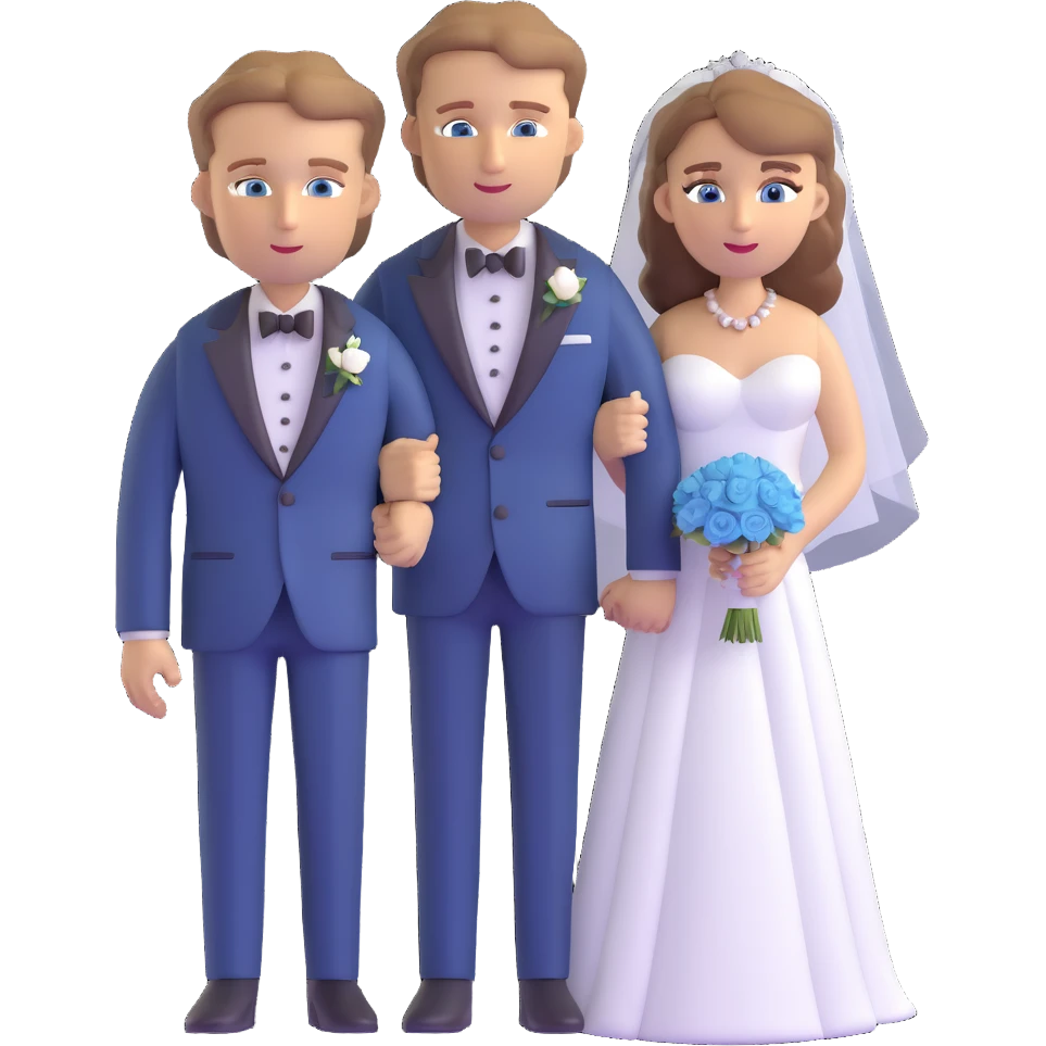 portrait of a bride with light brown hair and grey-blue eyes, and a groom with blonde hair, blue eyes, wearing a brown suit emoji