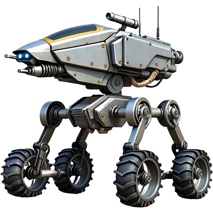 unstoppable jumping accurate 8-wheel armored canine sporty self-balancing massive mech trail vehicle shooting forward side-hill leaning actively robotically articulating hydraulic independent suspended pod gimbal enemy mech off-road racing rover with large fast engine RC basher crawler megatron  emoji