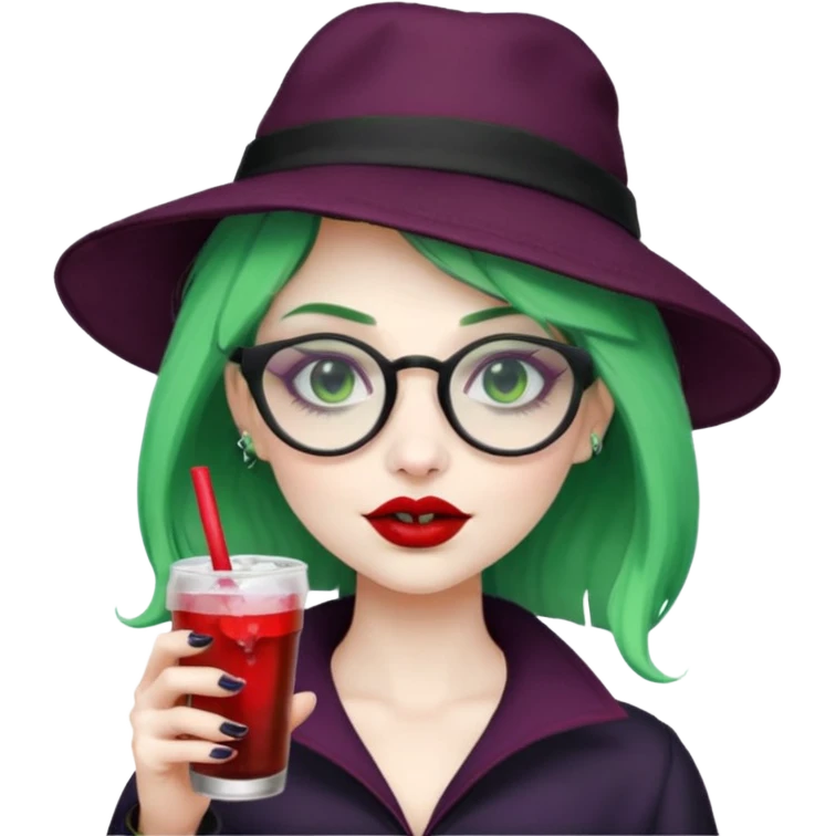 vampire green hair Drink holders with hat, wearing glasses, female emoji