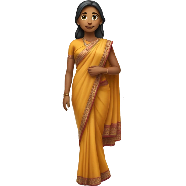 Here is the full-body image of the 3D Indian woman character, turned slightly to the left. I think she looks graceful and elegant! and include her legs straight image  and hands separate full saree  emoji