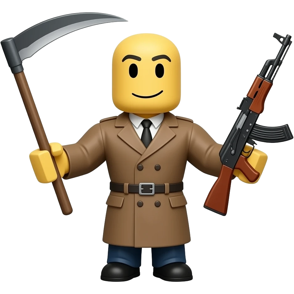VIADIMIR KOLTSOV (roblox character who is yellow hes bald and is holding a sickle and a ak47 and has a brown trenchcoat emoji