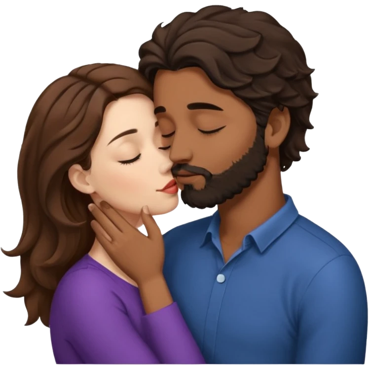 White woman (brown hair with eyes closed) kissing the top of the head (forehead) of brown man with black wavy hair (has a a beard with his eyes closed too). Woman has her lips to the forehead of the man, kissing him. emoji
