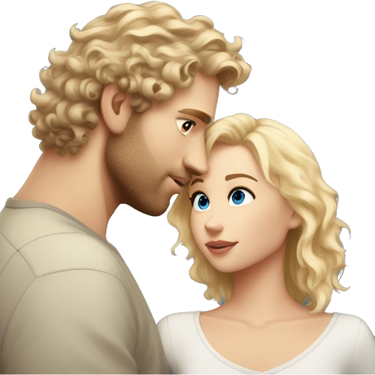 White man with scruff with brunette curly wavy hair blue eyes kissing white pretty blonde girl with hazel eyes and blonde layered hair emoji