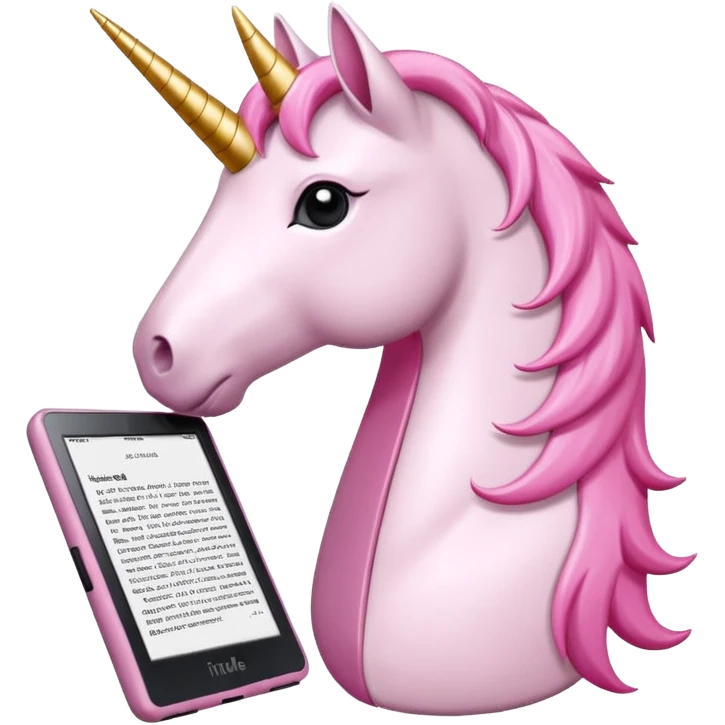 Unicorno bianco con corno rosa brillantato con sulla testa un paio di cuffie e un Amazon Kindle in mano emoji