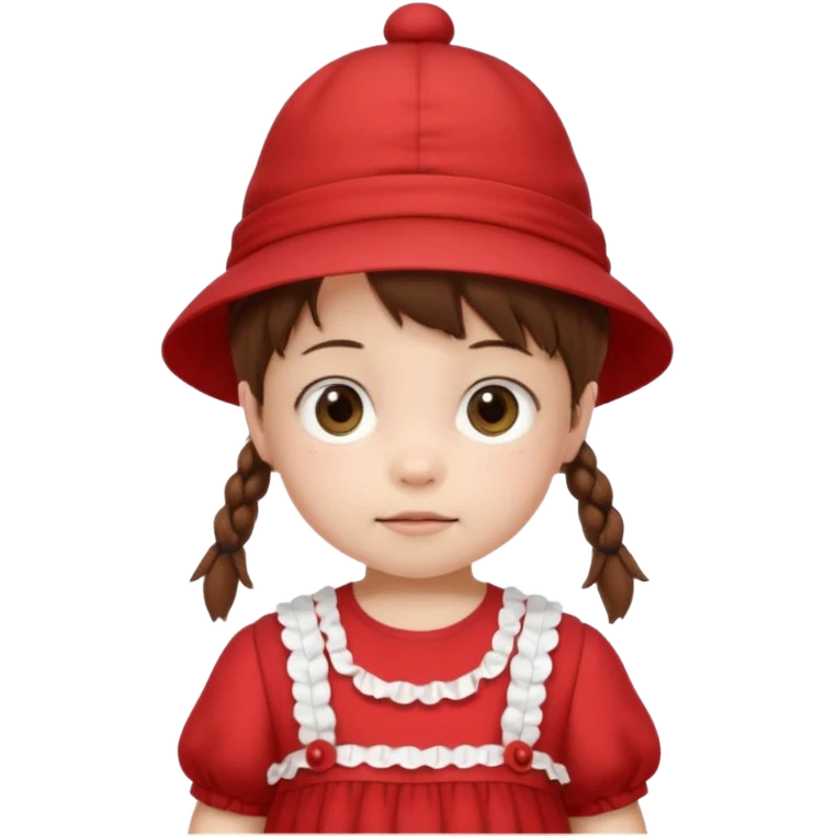baby girl with brown hair and pigtails with a hat and red dress like My Neighbor Totoro movie emoji
