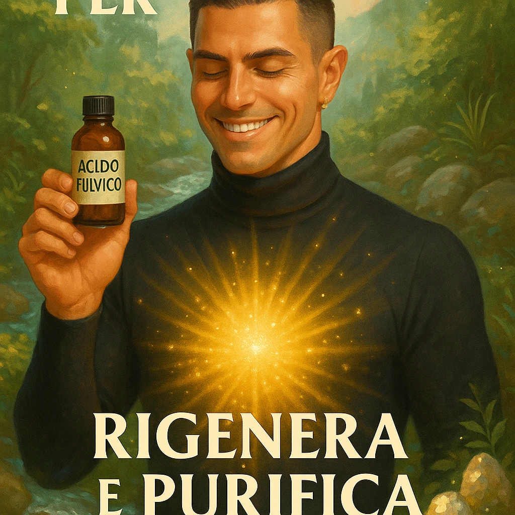 Create a vertical 9:16 wellness semi-realistic style image of a man with the face from the reference image. He is holding a bottle labeled 'acido fulvico'. Show luminous energy on the abdomen and skin. The environment is natural with elements of purification like water and minerals. Include Italian text. emoji