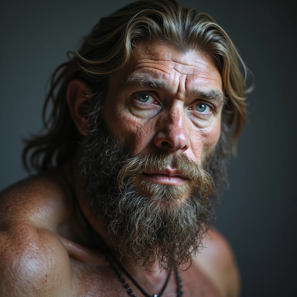 a bearded Neanderthal man with blue eyes, realistic style, detailed, lifelike emoji