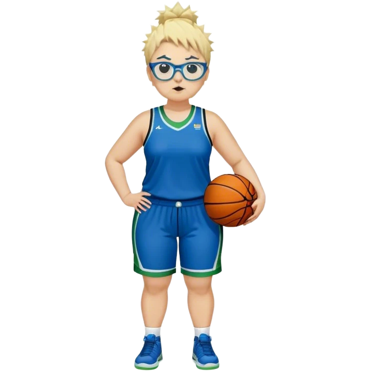 full body white plus size women basketball player pug nose with short spiky dark hair with added blond highlights wearing blue glasses wearing blue and green uniform emoji