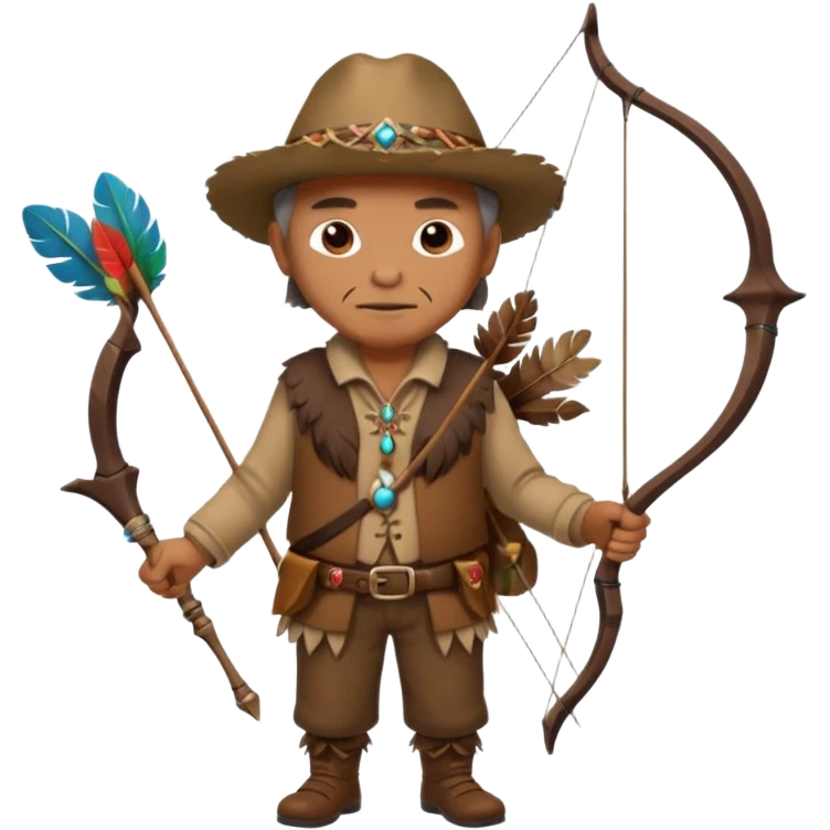 The classic image of a middle-aged uncle hunter carrying a bow, dressed in brown clothes, with some ornaments made of feathers, bones or teeth on his body. emoji
