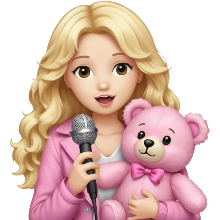 An emoji of a blonde female singer holding a plush pink teddy bear. She has long, wavy golden hair and is singing into a microphone with a passionate expression. The pink teddy bear is soft and fluffy, adding a cute and playful touch. A mix of glamour and sweetness emoji