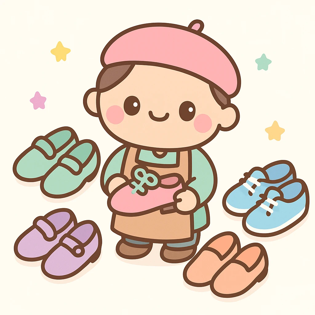 shoemaker surrounded by shoes, kawaii style emoji