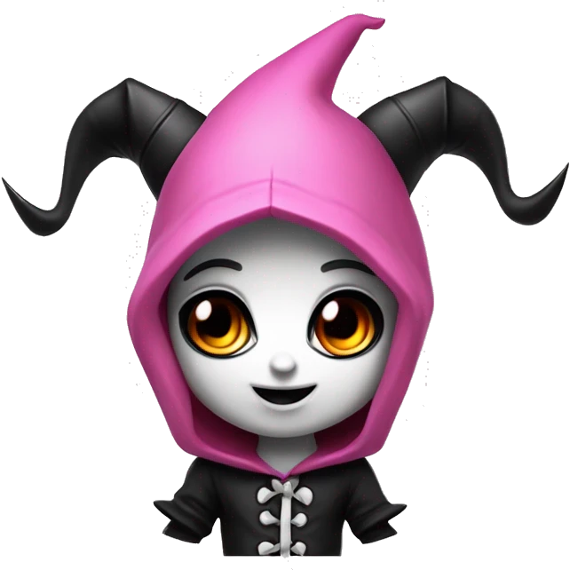 A mischievous chibi cartoon character with black devil horns, a jester-like hood with a pink skull on the front, light pink cheeks, black and white color scheme, large expressive eyes with dark eyeliner, and a playful smirk. emoji